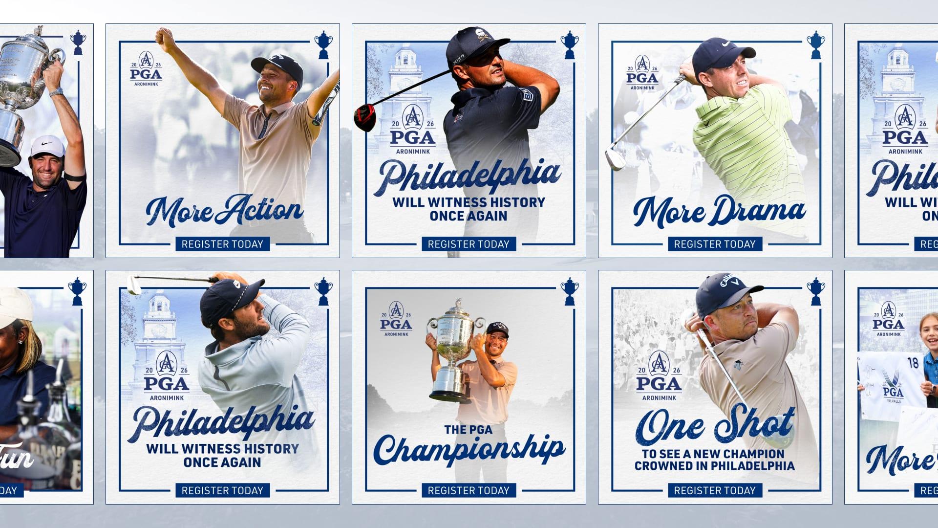Grid of 2026 PGA Championship social posts in script lettering: More Action, Philadelphia, More Drama, The PGA Championship and One Shot, each with a Register Today button