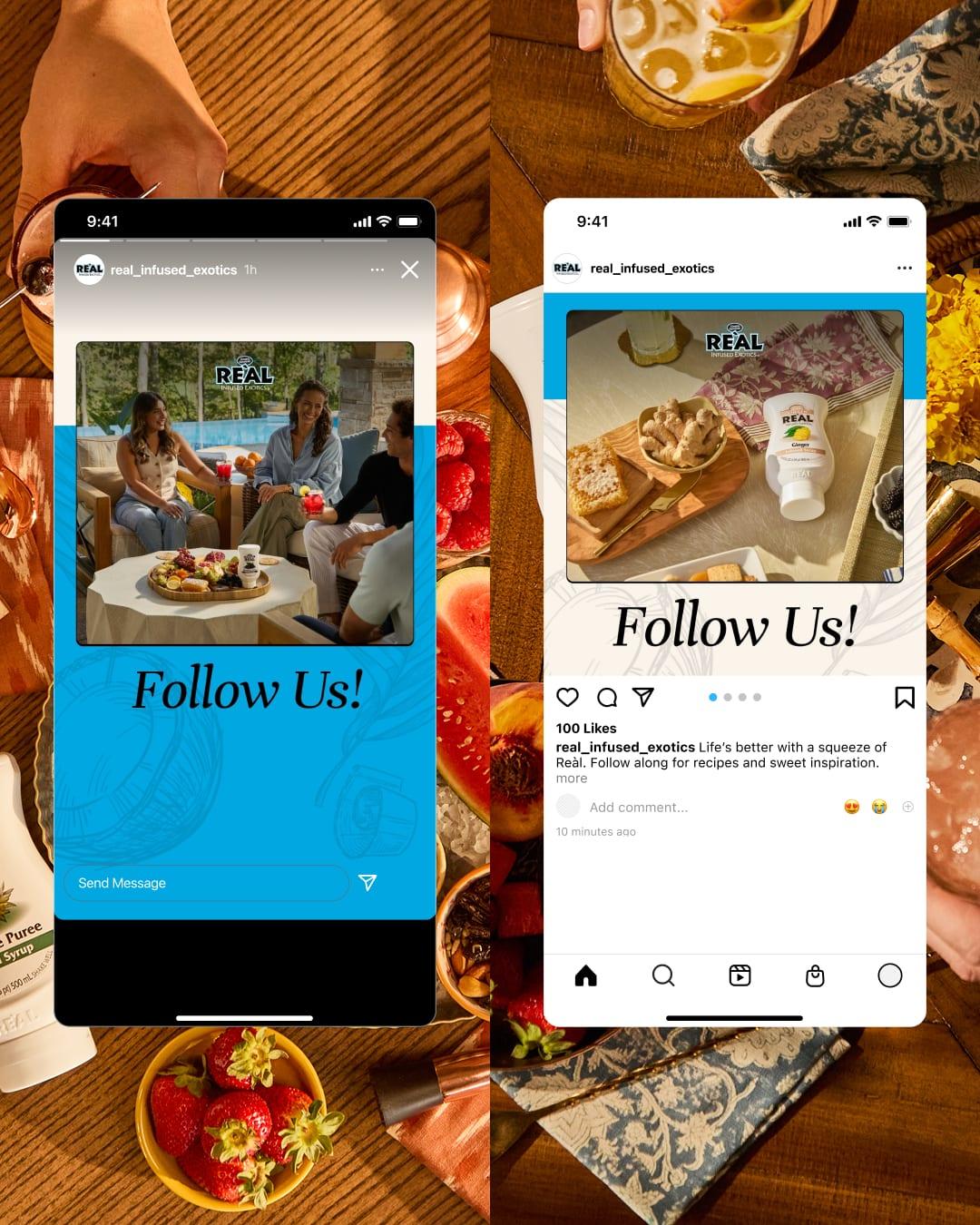 Two phones on a table of food showing Reàl's Instagram story and post inviting people to follow the brand