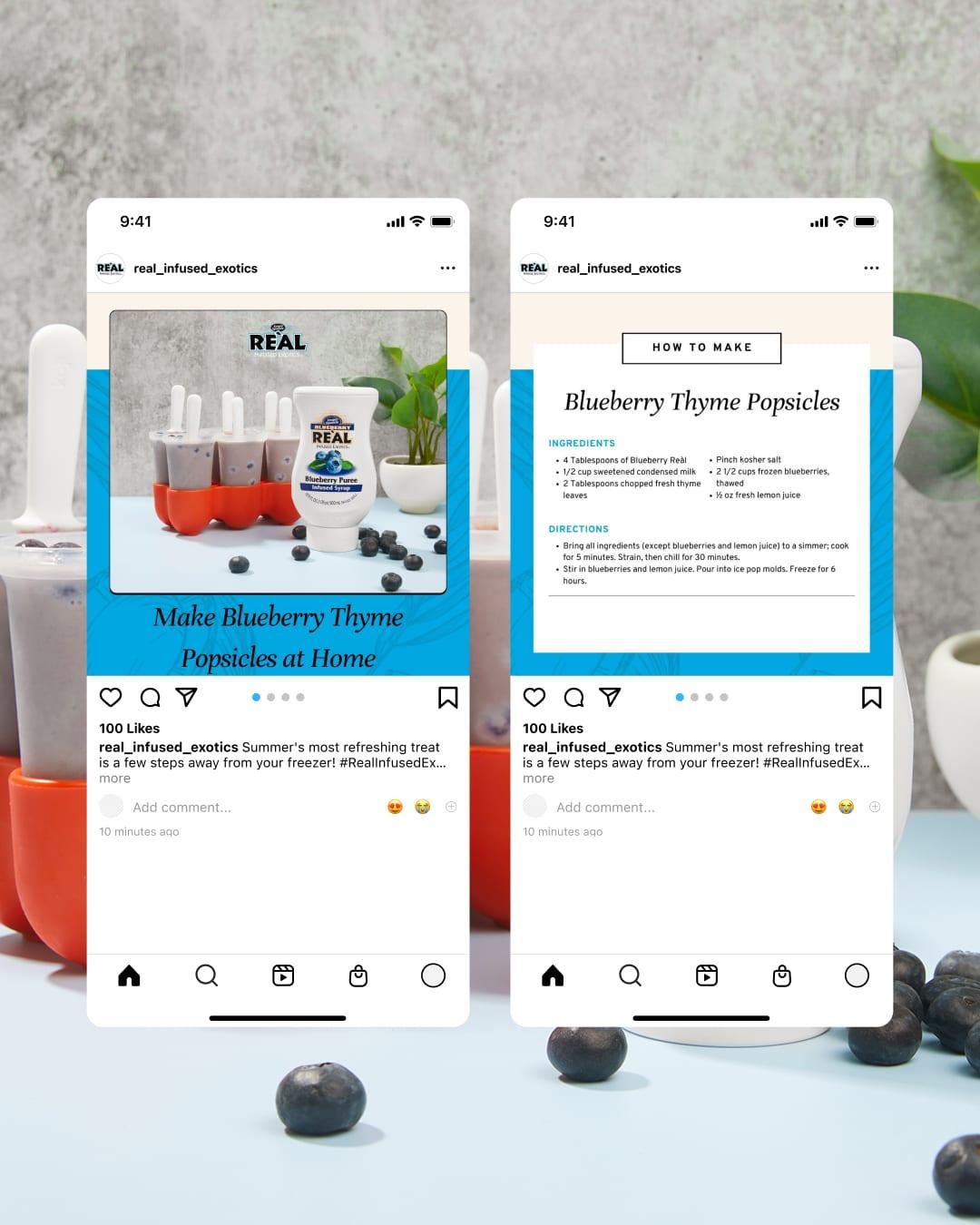 Two phones showing Reàl Instagram posts for blueberry thyme popsicles made at home