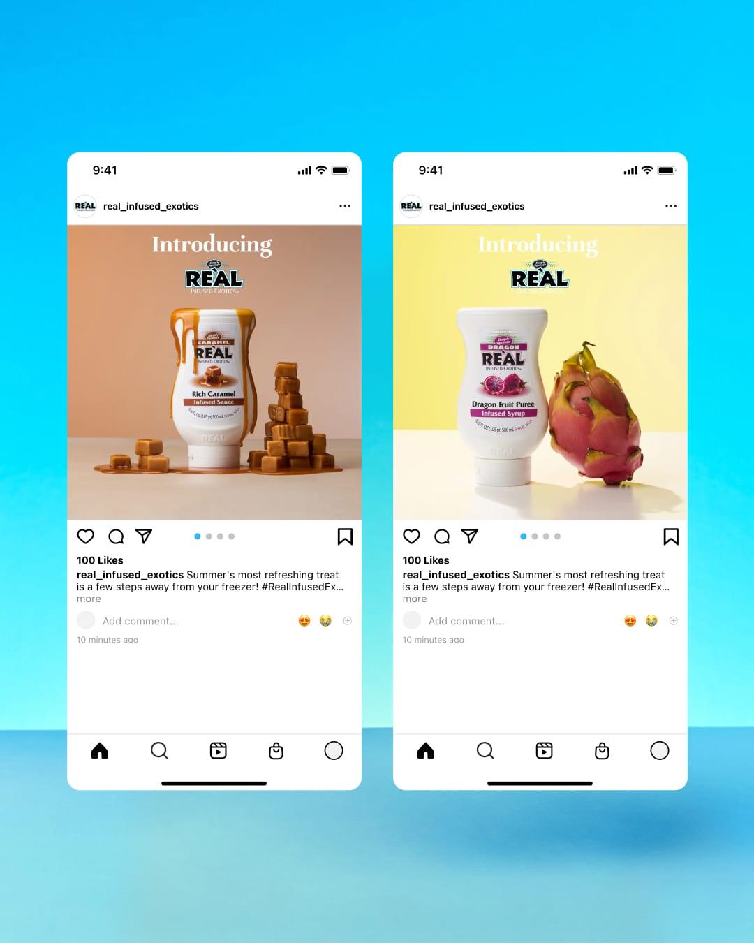 Two phones on a blue background showing Reàl Instagram posts introducing new syrup flavors
