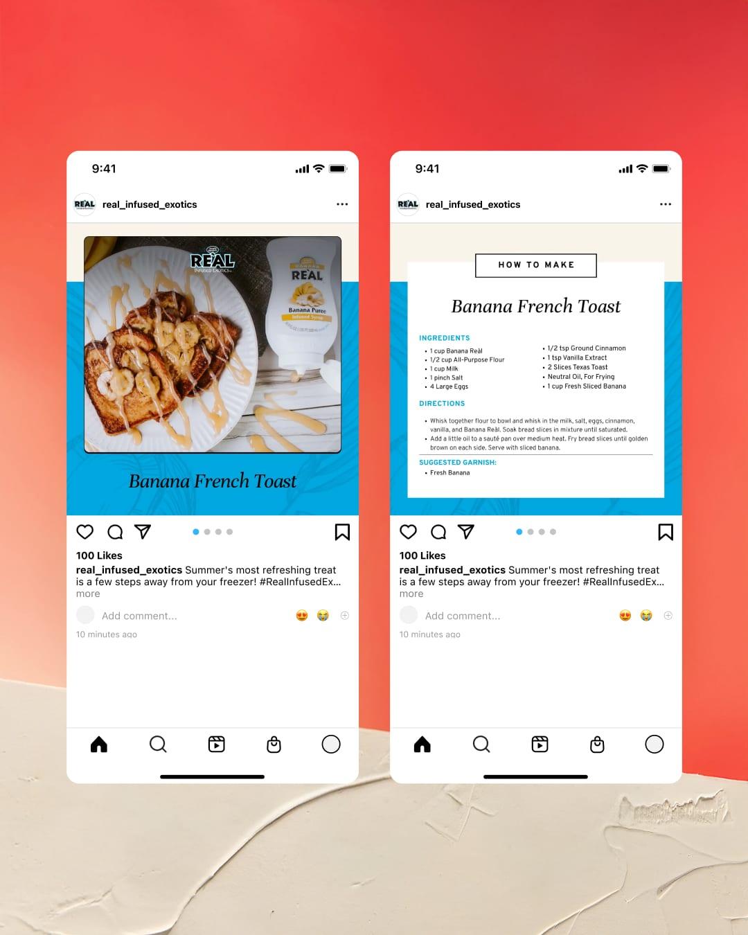 Two phones showing a Reàl Instagram recipe post for banana French toast