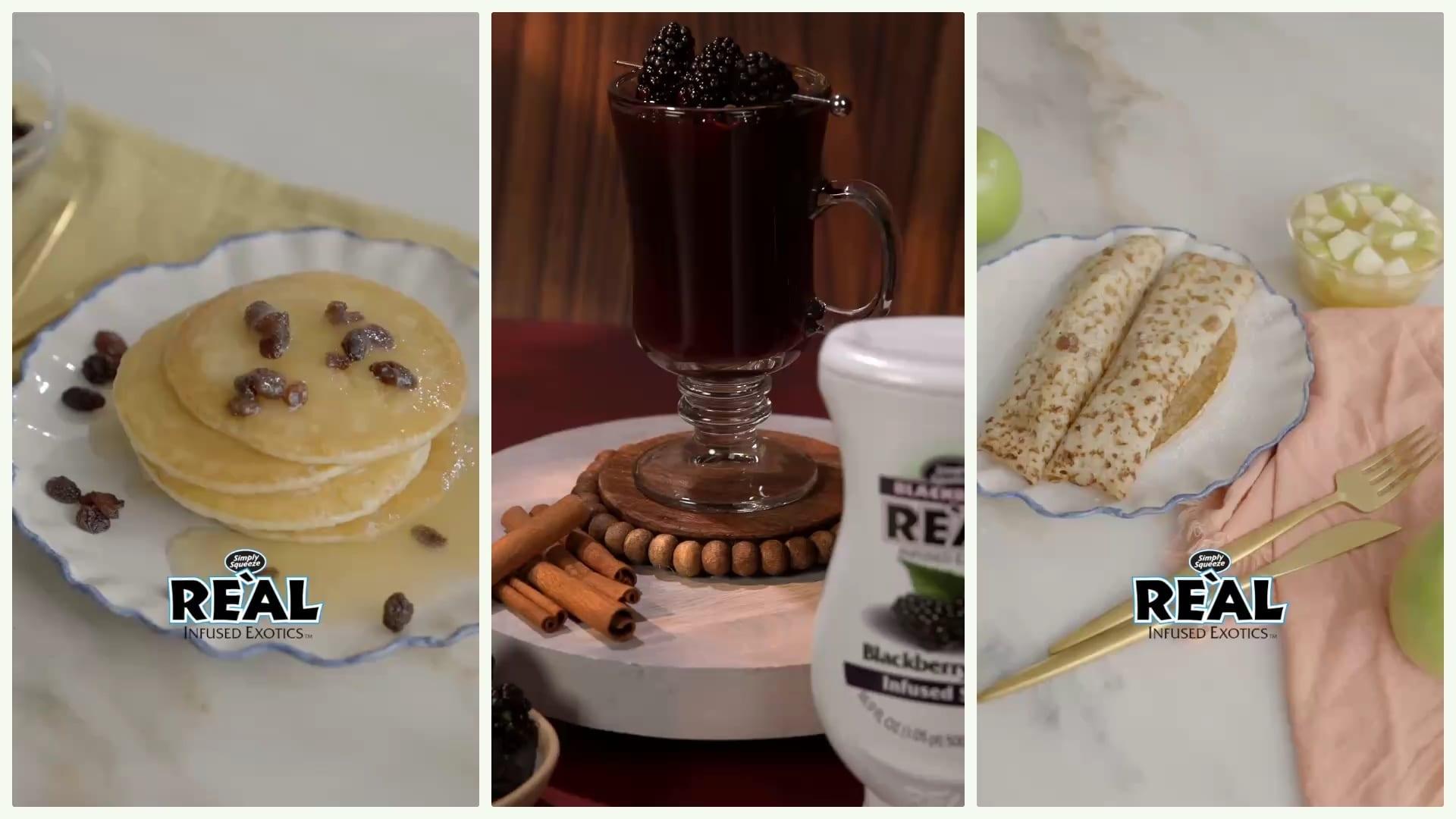 Three panels of desserts and drinks made with Reàl syrups: pancakes, a hot blackberry drink and crepes