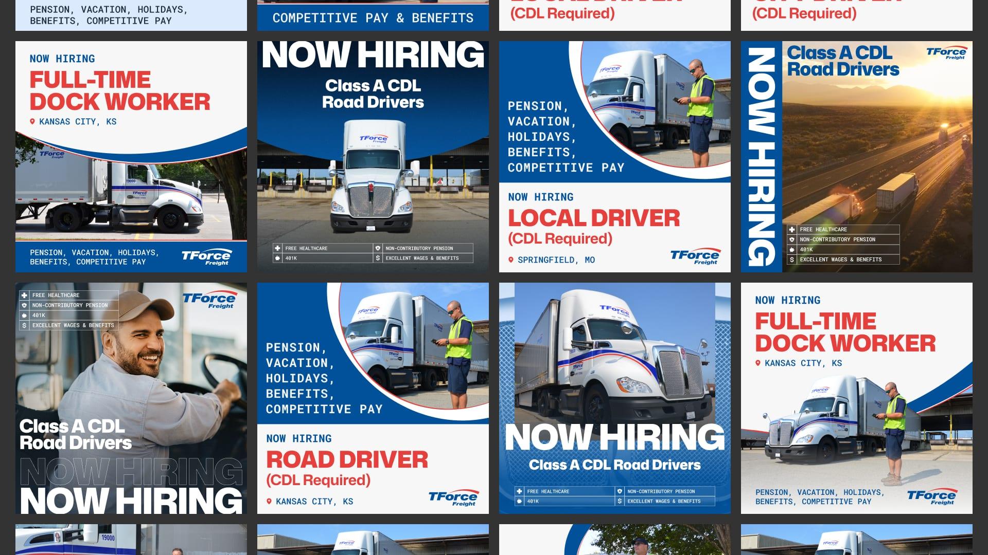 Grid of TForce Freight recruitment ads for Class A CDL road drivers, local drivers and dock workers in Kansas City, Springfield and other markets