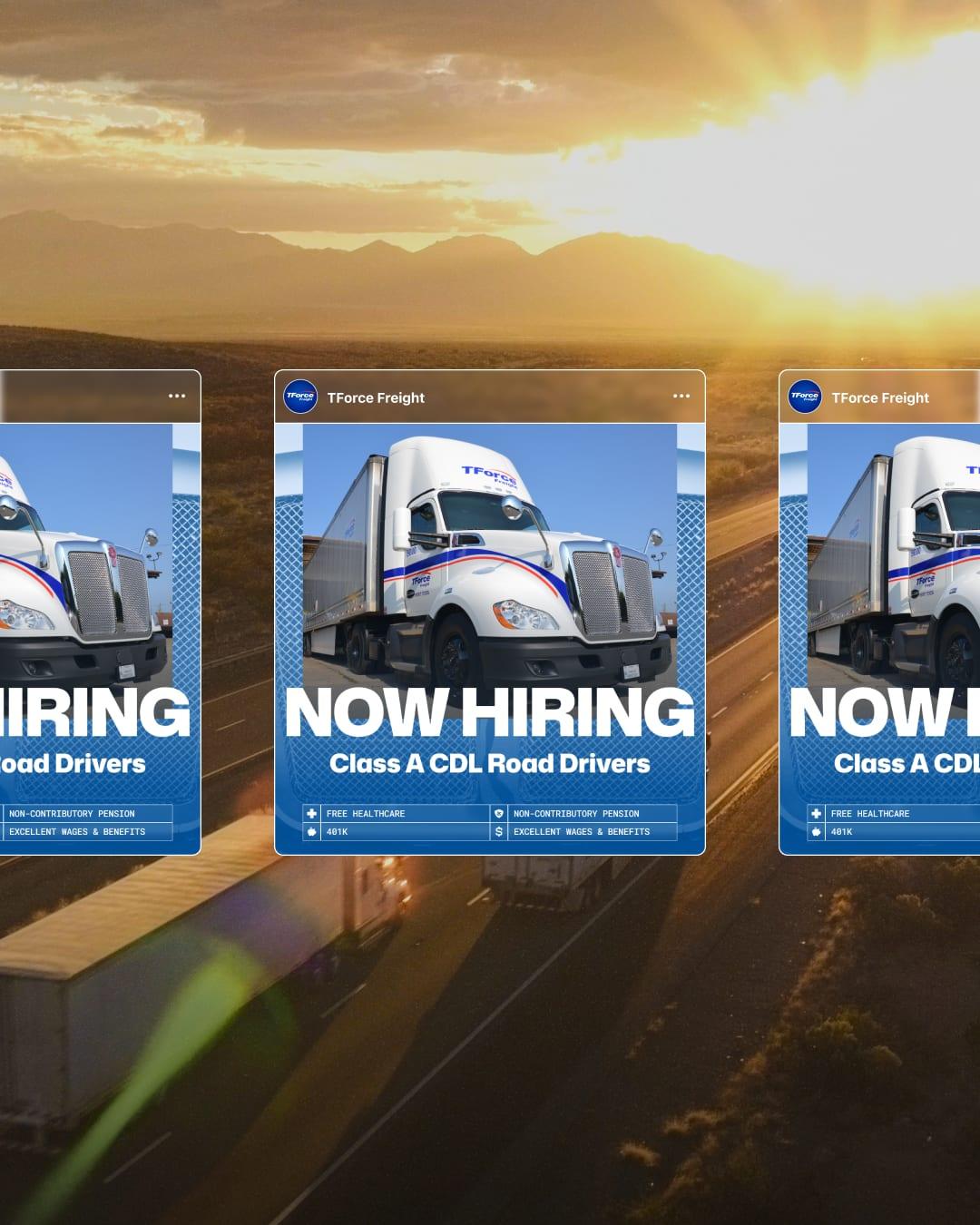 Carousel of "Now Hiring Class A CDL Road Drivers" social posts over a sunrise highway with trucks