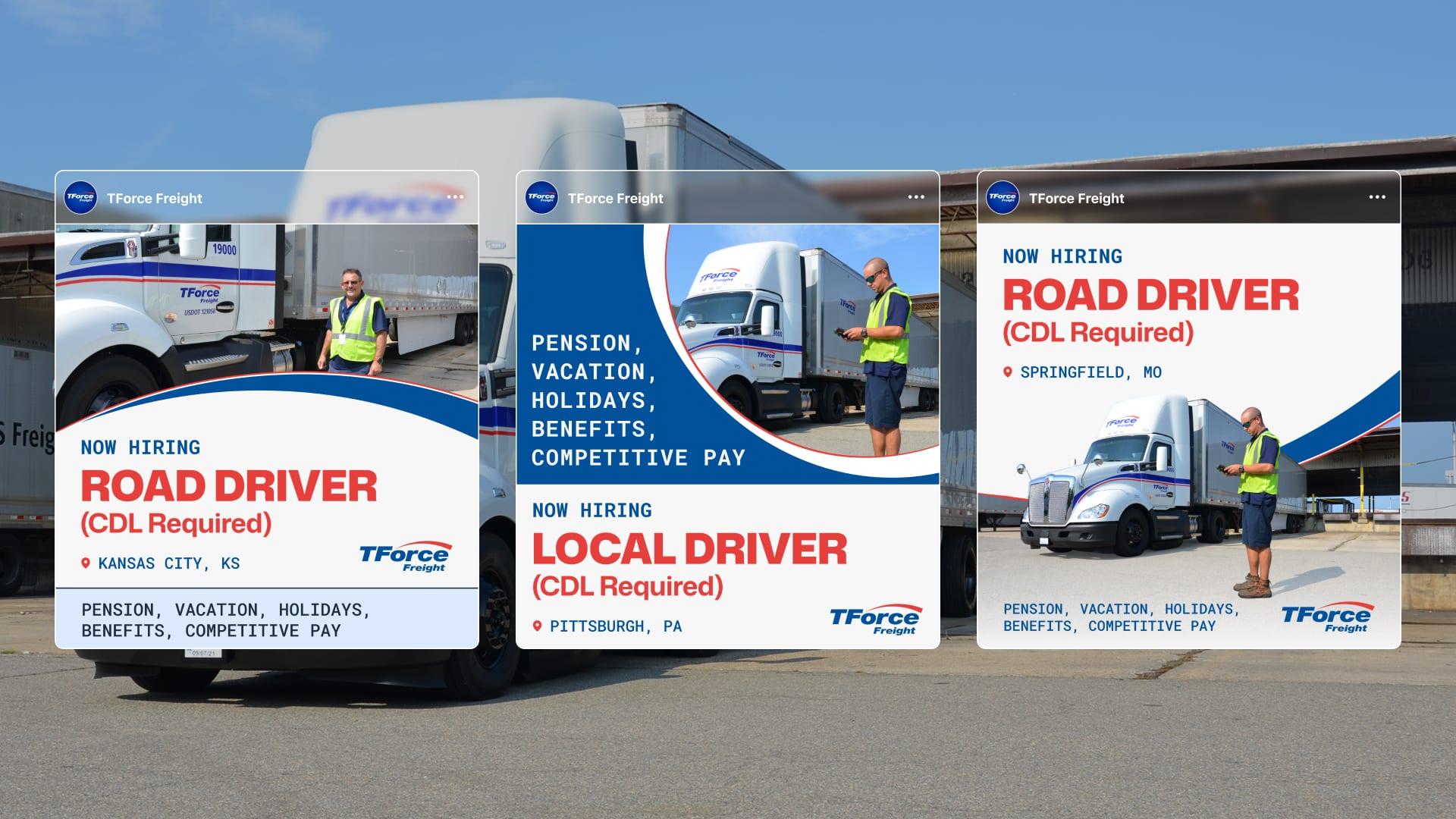 Three localized TForce posts for road and local driver openings in Kansas City, Pittsburgh and Springfield, set in front of trucks at a terminal