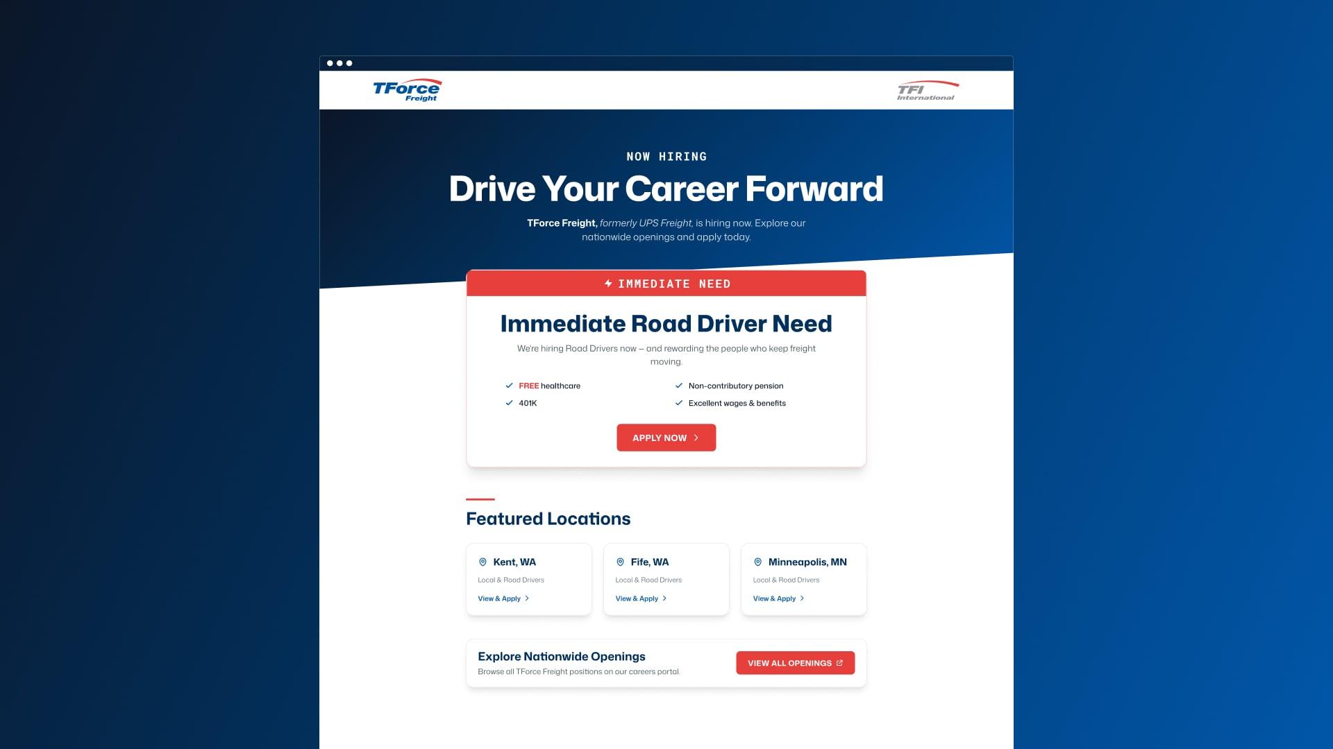 TForce Freight careers landing page, "Drive Your Career Forward", with an immediate road driver need and featured locations